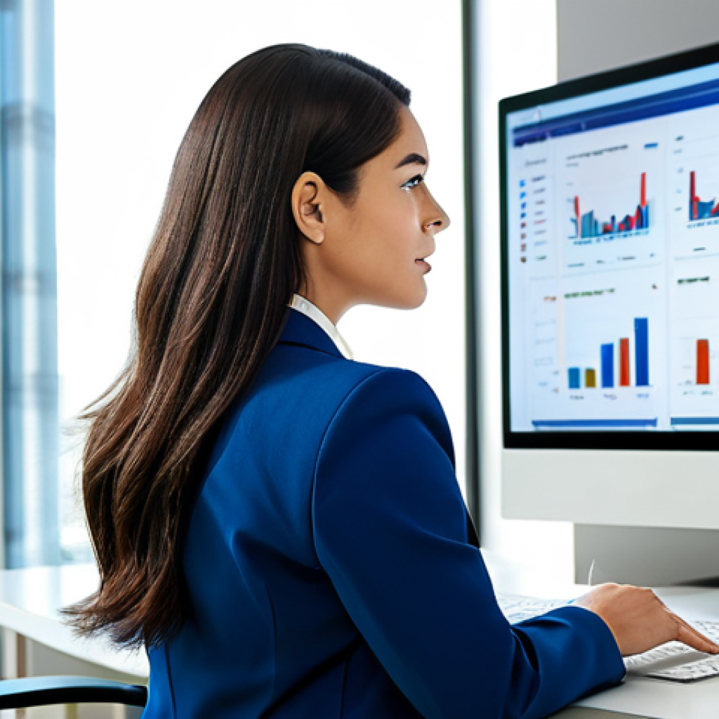 **
A businesswoman in a professional, modest suit, analyzing customer streaming data on a large monitor in a bright, modern office. Graphs and charts are visible on the screen, showcasing real-time customer behavior analytics. Fully clothed, appropriate attire, safe for work, perfect anatomy, natural proportions, professional environment.
**