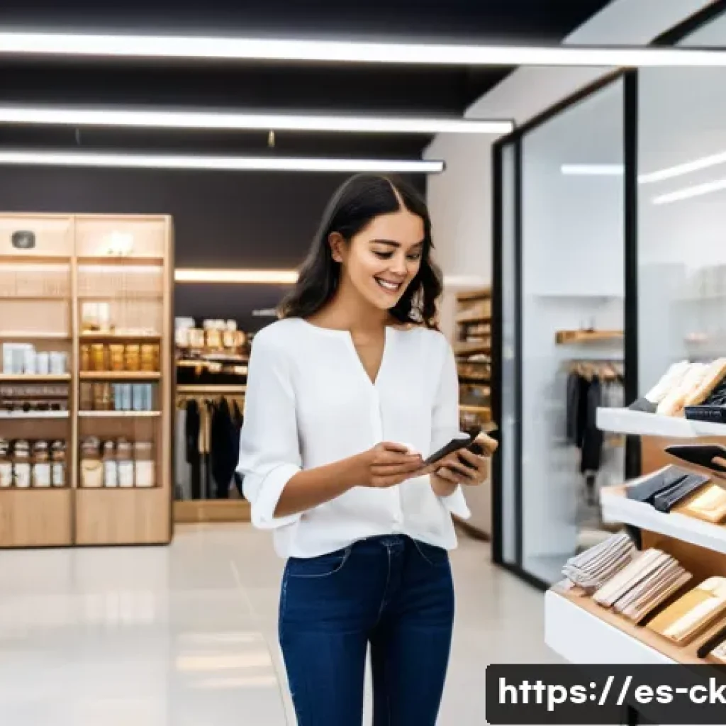 옴니채널 마케팅 캠페인 사례 연구 - A modern retail store interior blending digital and physical shopping experiences, featuring diverse...