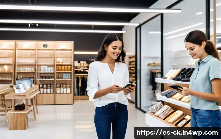 옴니채널 마케팅 캠페인 사례 연구 - A modern retail store interior blending digital and physical shopping experiences, featuring diverse...