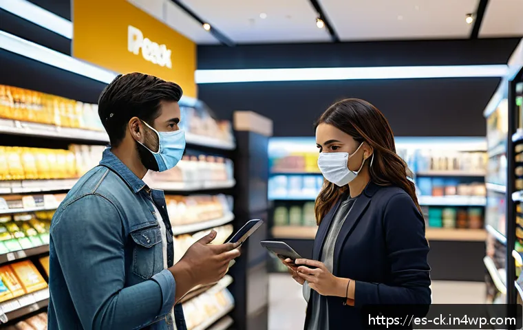 옴니채널 성공 사례 글로벌 브랜드 분석 - A modern retail store interior blending physical and digital shopping experiences, showing customers...